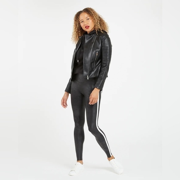 Spanx Faux Leather Side Stripe Leggings in Very Black/White size Medium - Picture 5 of 14